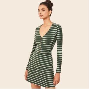 Reformation Marlene Green and White Long Sleeve Ribbed Dress